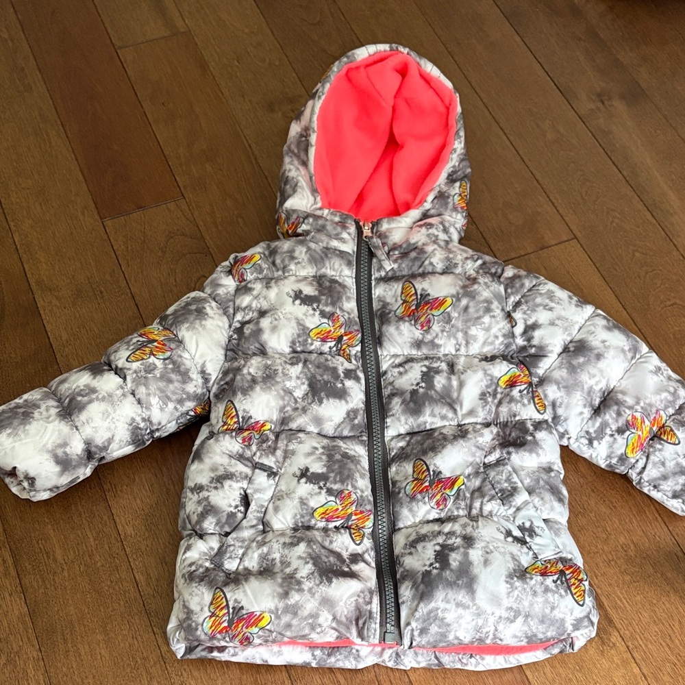 Pink Platinum Grey and white with butterfly and Neon Coral Baby Puffer Coat